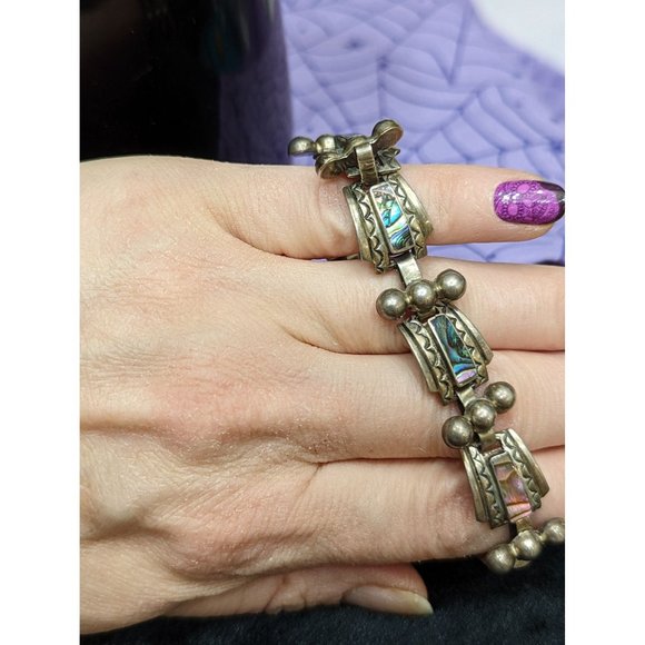 Vintage Taxco, Link Style Bracelet with Abalone and Silver, Unique design - Picture 5 of 8
